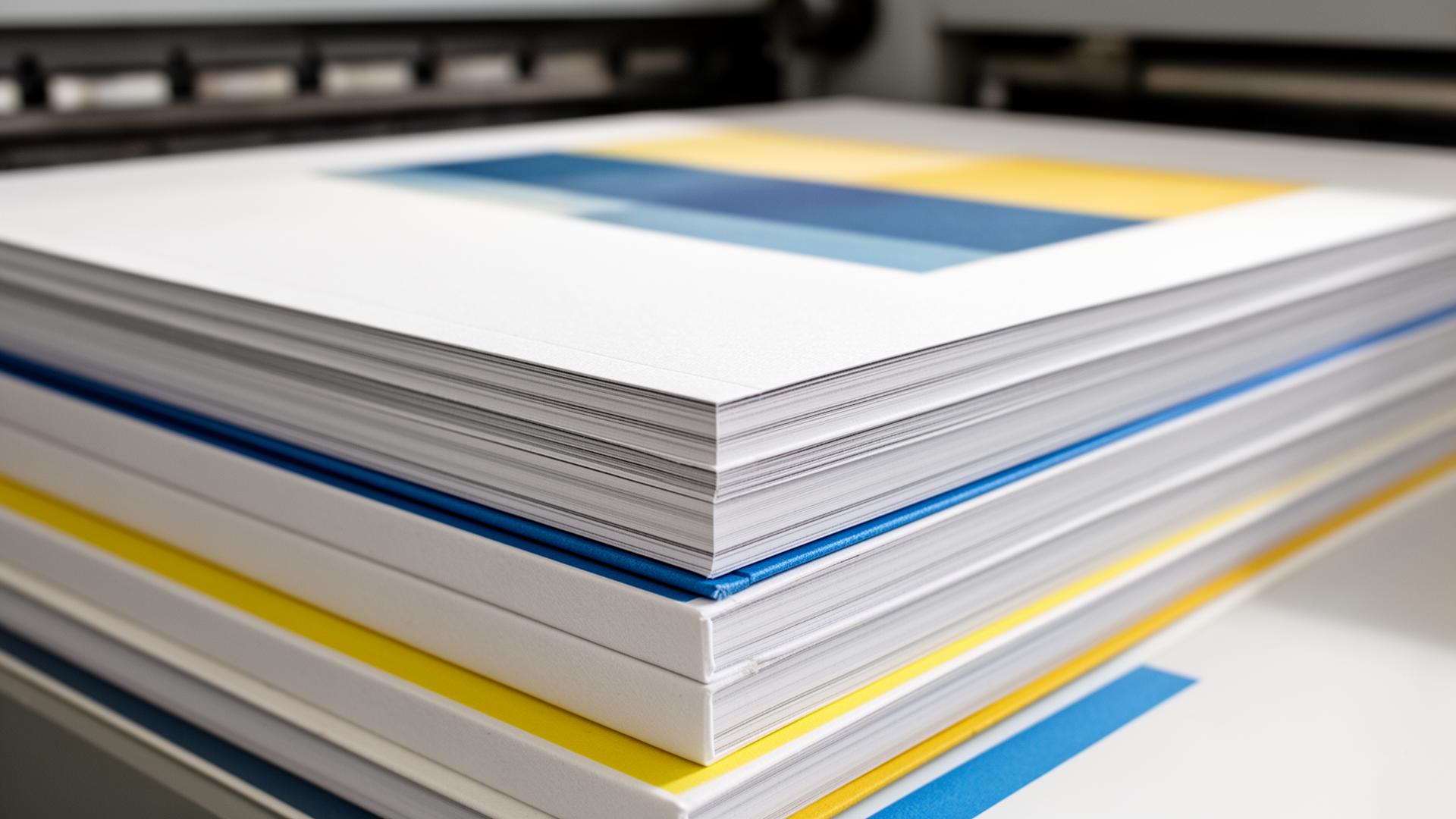 Stack of freshly printed books with blue and yellow ink on an offset press